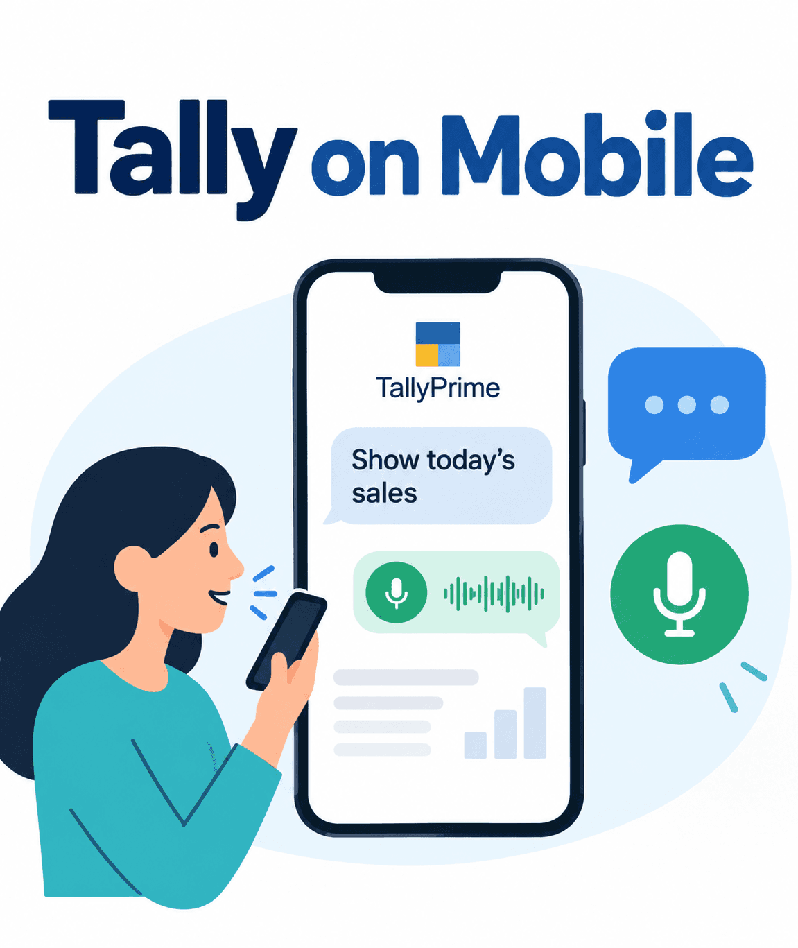 Tally on Mobile showing TallyPrime accessed through text and voice chat on a smartphone.
